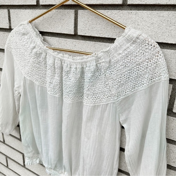 Aerie Off Shoulder Ivory Crochet Boho Peasant Top Smocked Waist 3/4 Sleeve XS - Picture 9 of 11